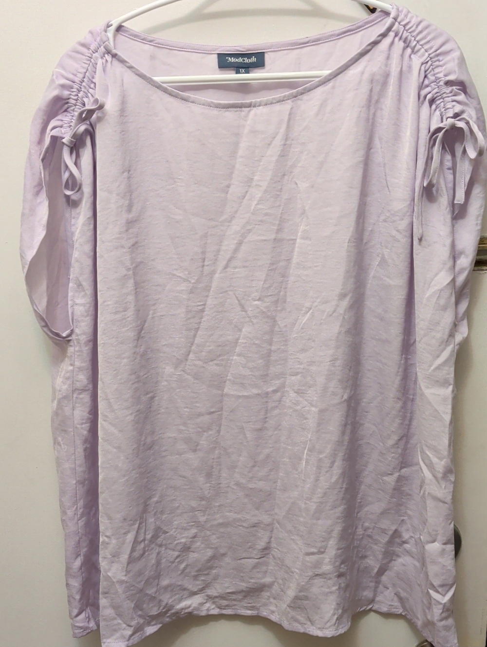 ModCloth Off-White/Light Lavender Ruched Tie-Sleeve Tunic Blouse